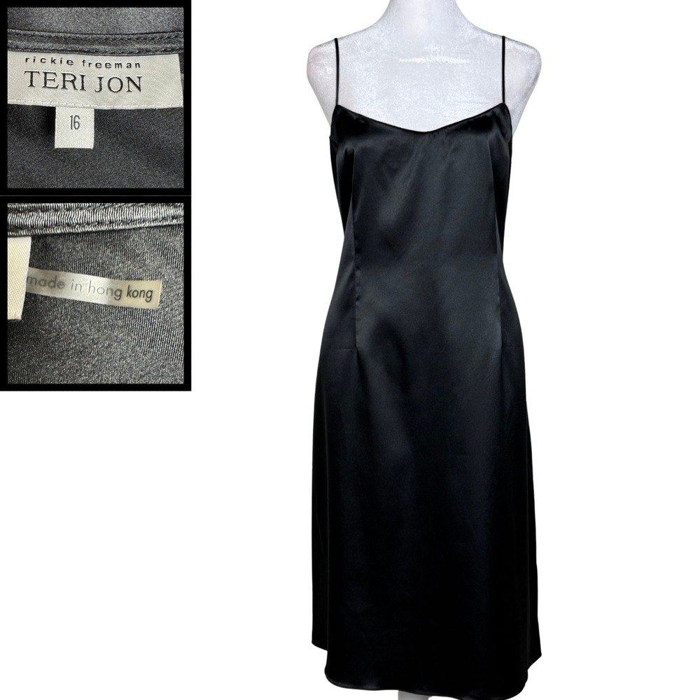 Rickie Freeman Teri Jon Slip Dress Satin Women 16 Black Cocktail‎ Romantic Goth